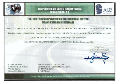 Trafikent Sürücü Psikoteknik Değerlendirme Sistemi Lisans Kullanım Sertifikası